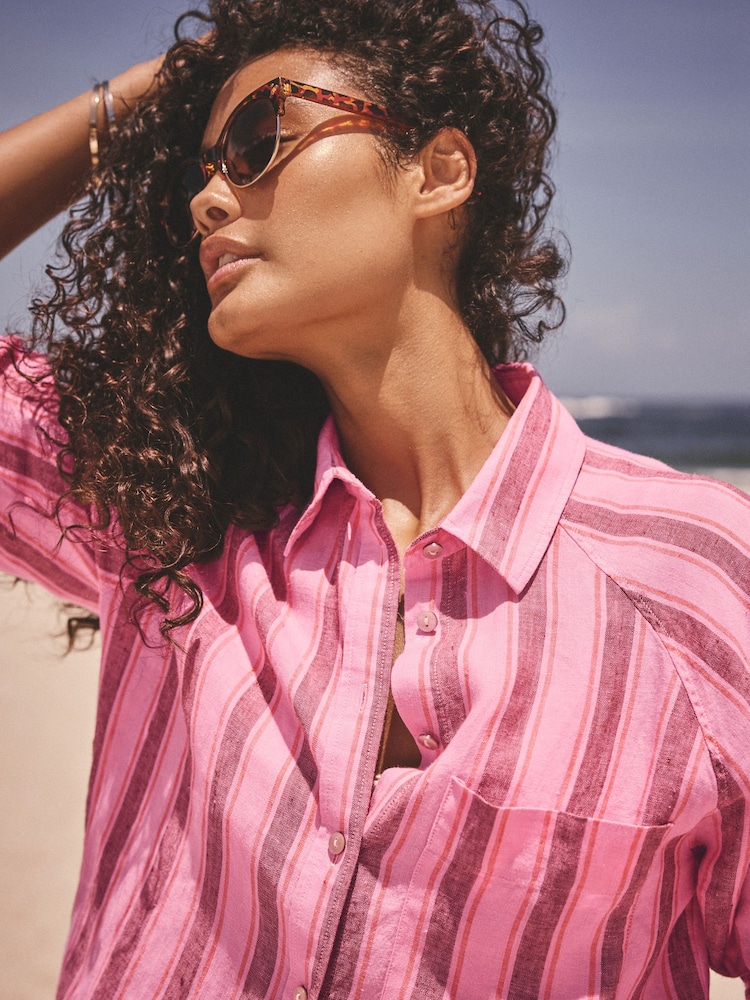 Pink/Brown Stripe 100% Linen Button Down Relaxed Long Sleeve Shirt - Image 5 of 9