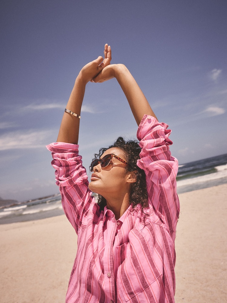 Pink/Brown Stripe 100% Linen Button Down Relaxed Long Sleeve Shirt - Image 6 of 9