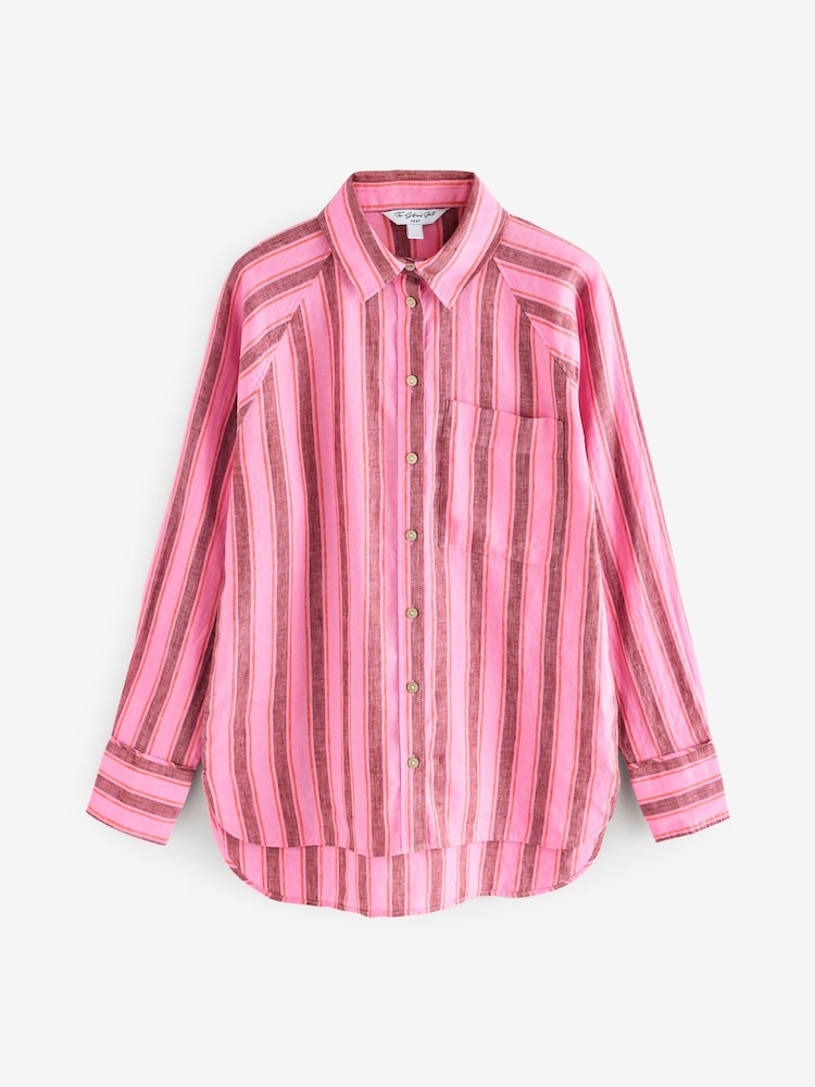 Pink/Brown Stripe 100% Linen Button Down Relaxed Long Sleeve Shirt - Image 7 of 9