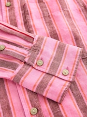 Pink/Brown Stripe 100% Linen Button Down Relaxed Long Sleeve Shirt - Image 8 of 9