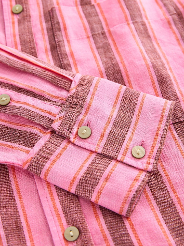 Pink/Brown Stripe 100% Linen Button Down Relaxed Long Sleeve Shirt - Image 8 of 9