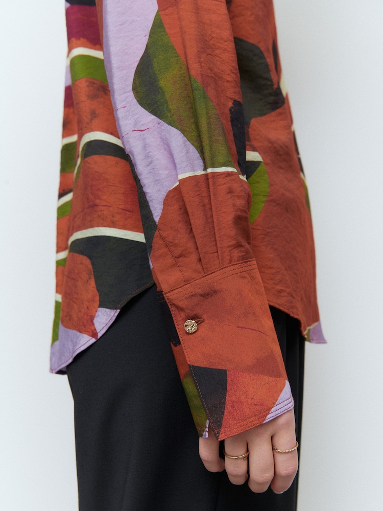 Orange/Pink Abstract Print Long Sleeve Button Down Shirt - Image 4 of 8