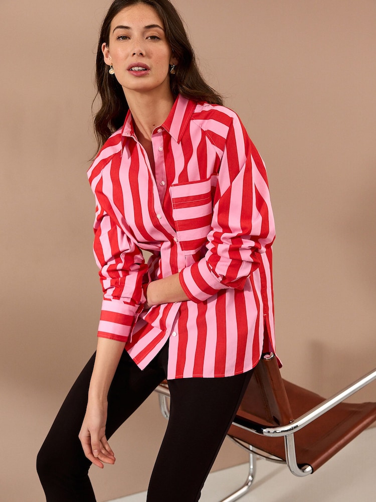 Red/Pink Stripe Girlfriend Oversized Long Sleeve Shirt - Image 1 of 8