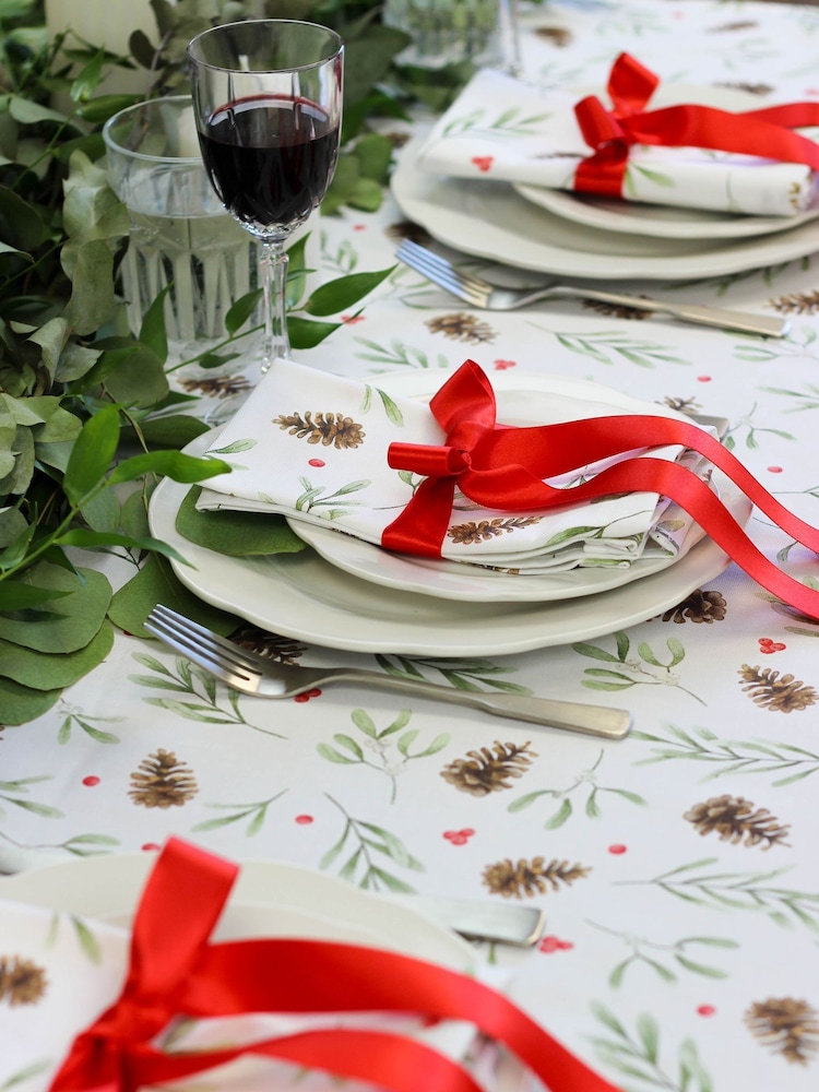 Avalon Home White Red Mistletoe and Pine 100% Cotton Tablecloth - Image 1 of 6