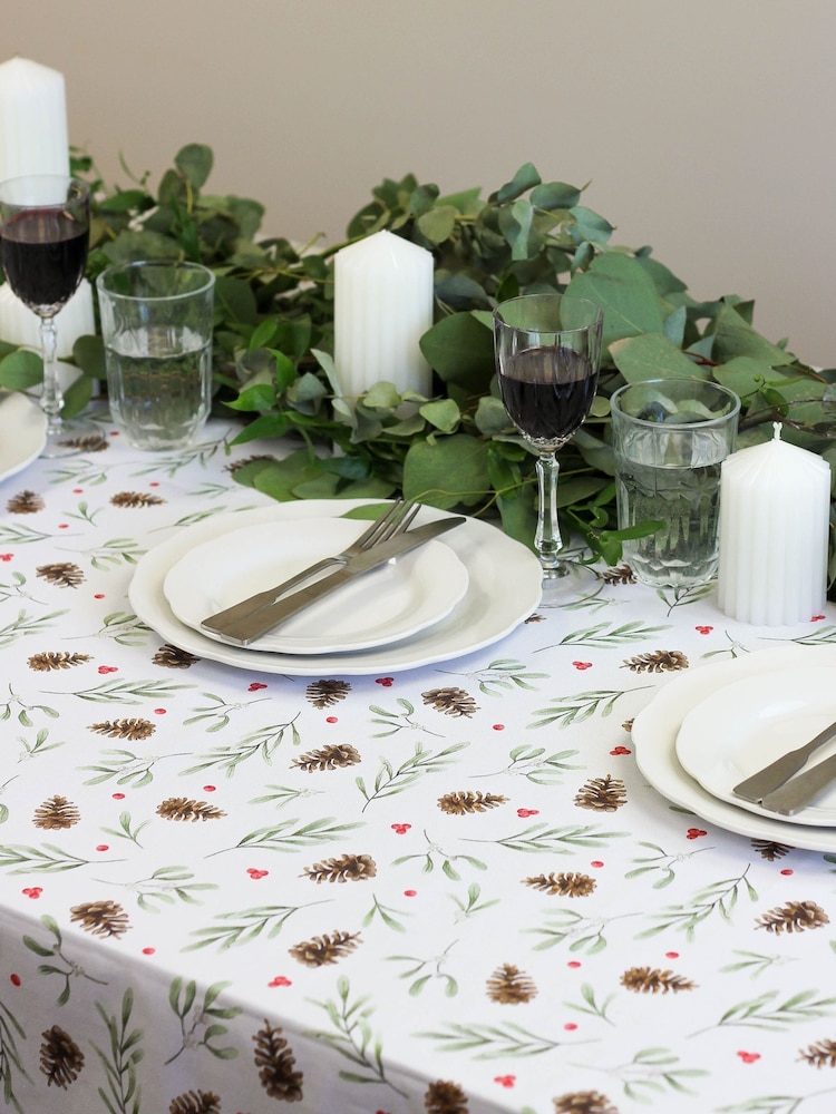 Avalon Home White Red Mistletoe and Pine 100% Cotton Tablecloth - Image 2 of 6 Avalon Home White Red Mistletoe and Pine 100% Cotton Tablecloth - Image 2 of 6