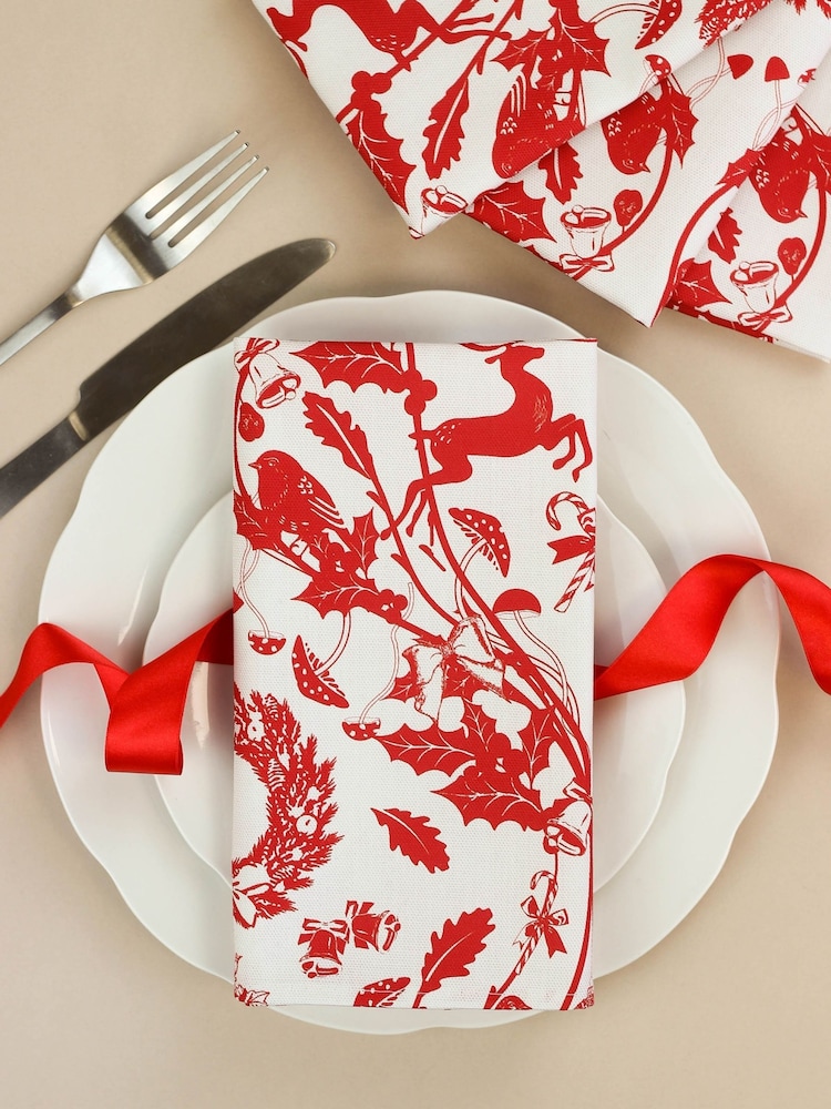 Avalon Home Red/Cream Stag 100% Cotton Pair of Napkins - Image 1 of 6 Avalon Home Red/Cream Stag 100% Cotton Pair of Napkins - Image 1 of 6