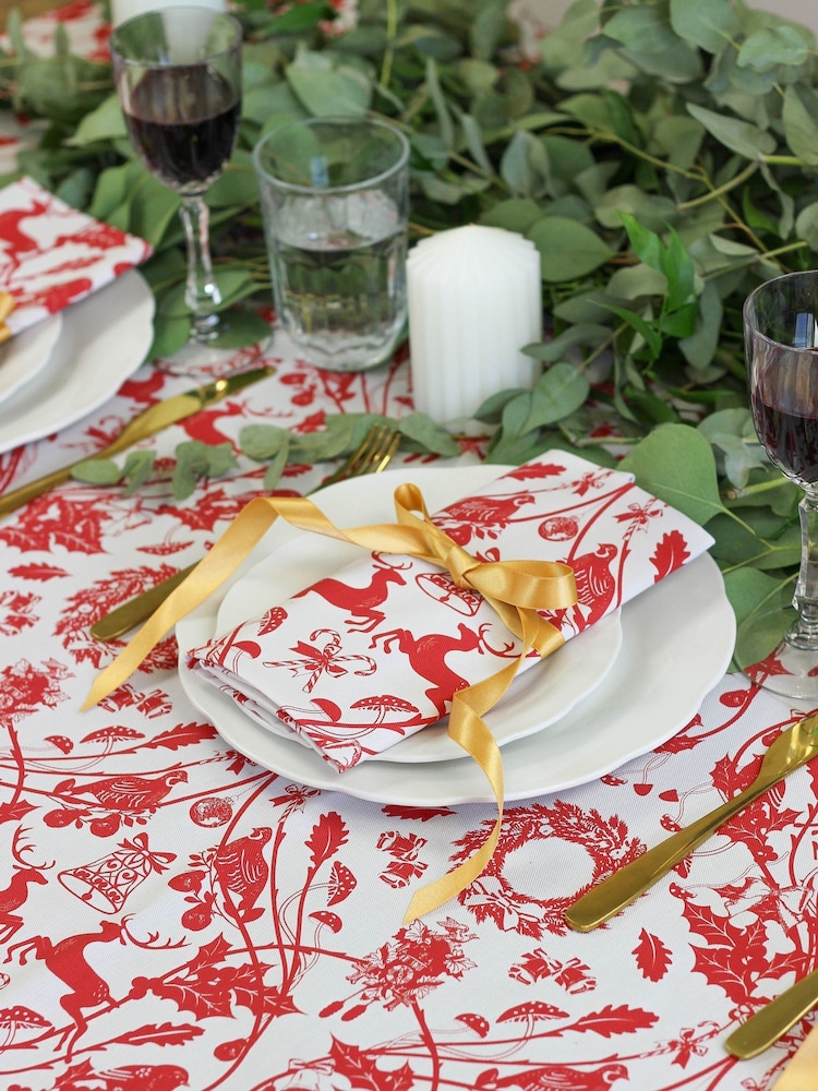 Avalon Home Red/Cream Stag 100% Cotton Pair of Napkins - Image 2 of 6 Avalon Home Red/Cream Stag 100% Cotton Pair of Napkins - Image 2 of 6