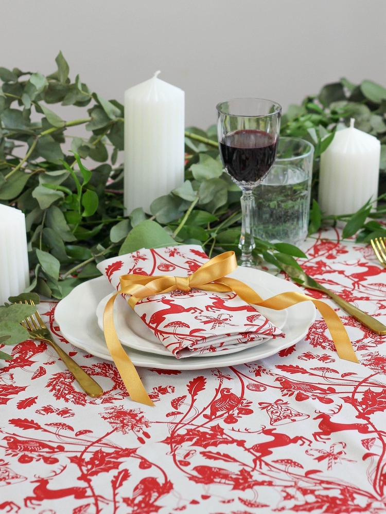 Avalon Home Red/Cream Stag 100% Cotton Tablecloth - Image 1 of 6 Avalon Home Red/Cream Stag 100% Cotton Tablecloth - Image 1 of 6