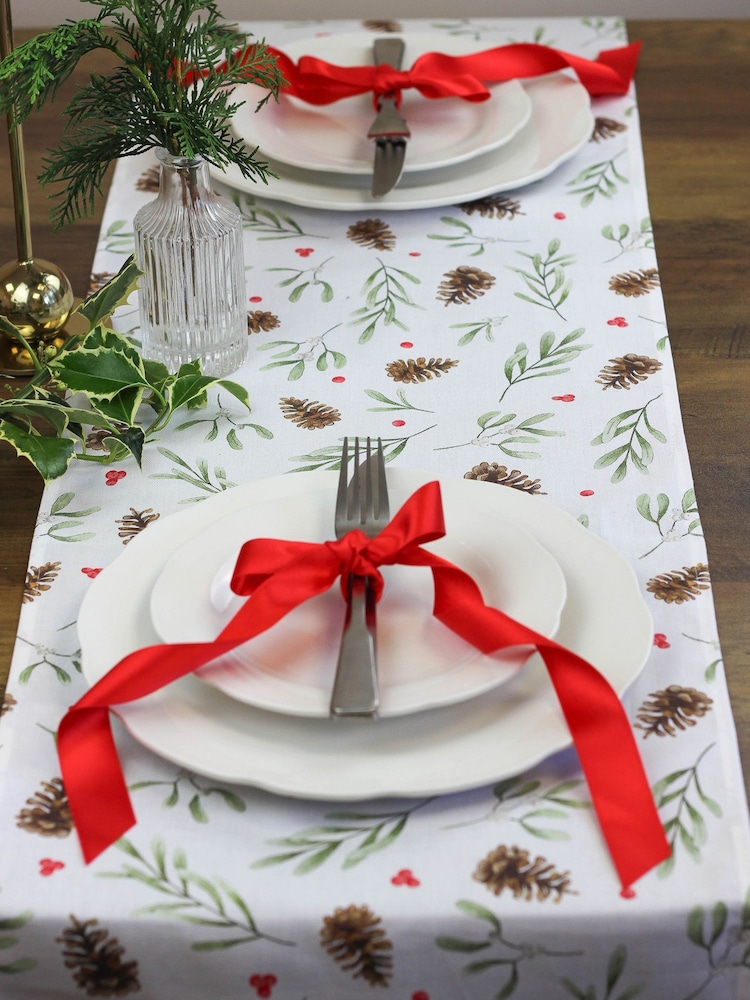 Avalon Home White Red Mistletoe and Pine 100% Cotton Table Runner - Image 5 of 6
