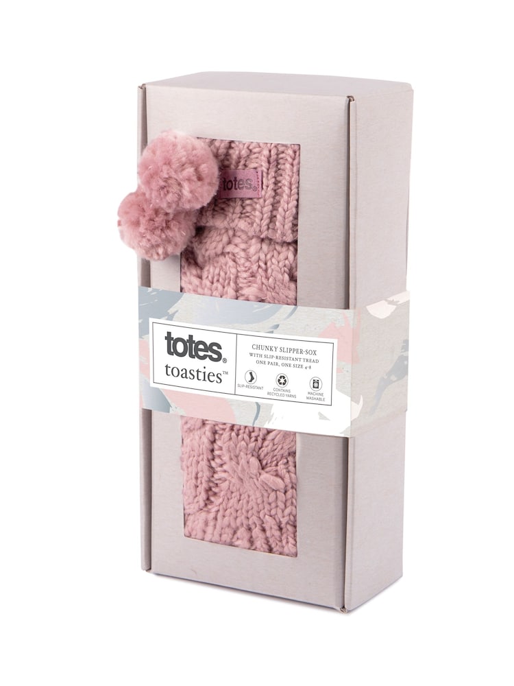 Totes Ladies Chunky Knit Winter Slipper Socks with Poms - Imagen 2 de 5 Totes Ladies Chunky Knit Winter Slipper Socks with Poms - Imagen 2 de 5
