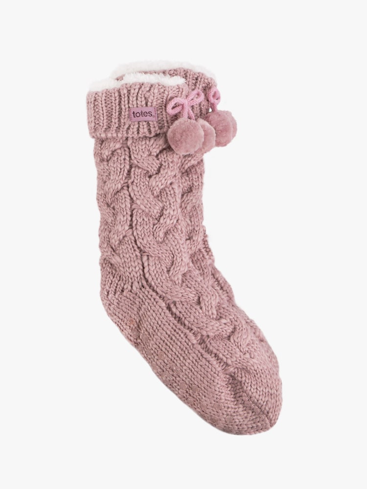 Totes Pink Ladies Chunky Knit Winter Slipper Socks with Poms - Image 3 of 5