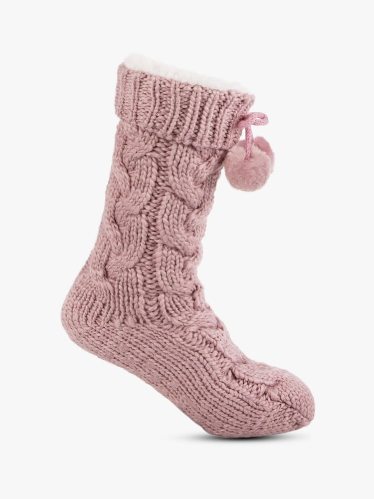 Totes Pink Ladies Chunky Knit Winter Slipper Socks with Poms - Image 4 of 5