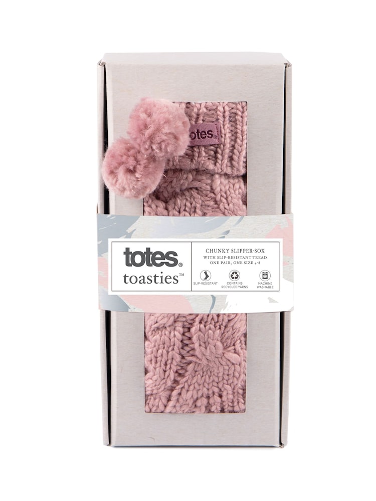 Totes Ladies Chunky Knit Winter Slipper Socks with Poms - Imagen 5 de 5 Totes Ladies Chunky Knit Winter Slipper Socks with Poms - Imagen 5 de 5