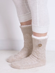 Totes Natural Ladies Knit Slipper Socks with Button - Image 1 of 5