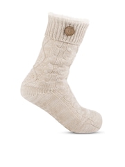 Totes Natural Ladies Knit Slipper Socks with Button - Image 4 of 5