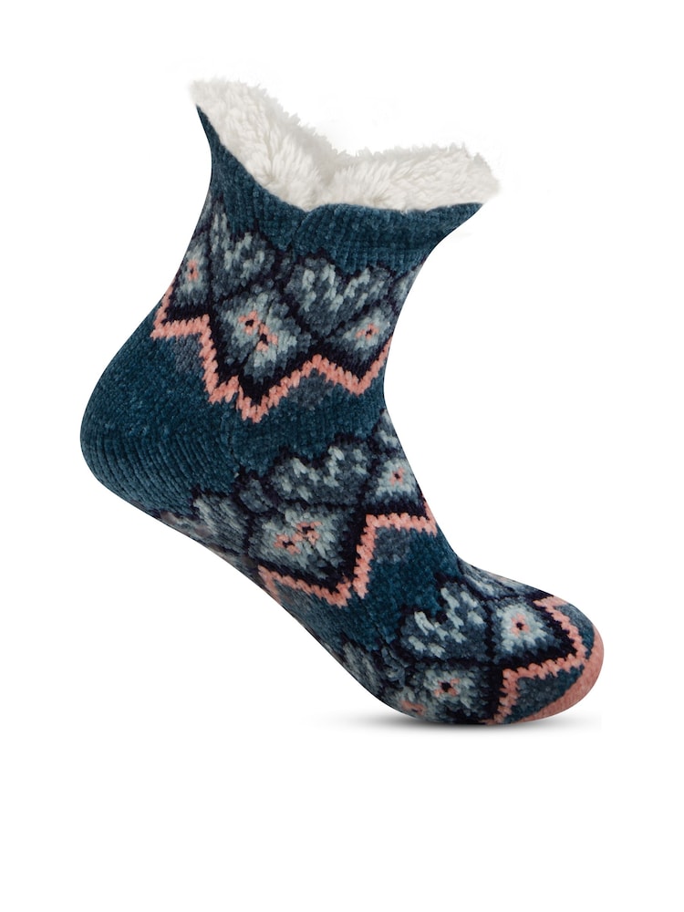 Totes Blue Ladies Crop Chenille Knitted Winter Slipper Socks - Image 3 of 5