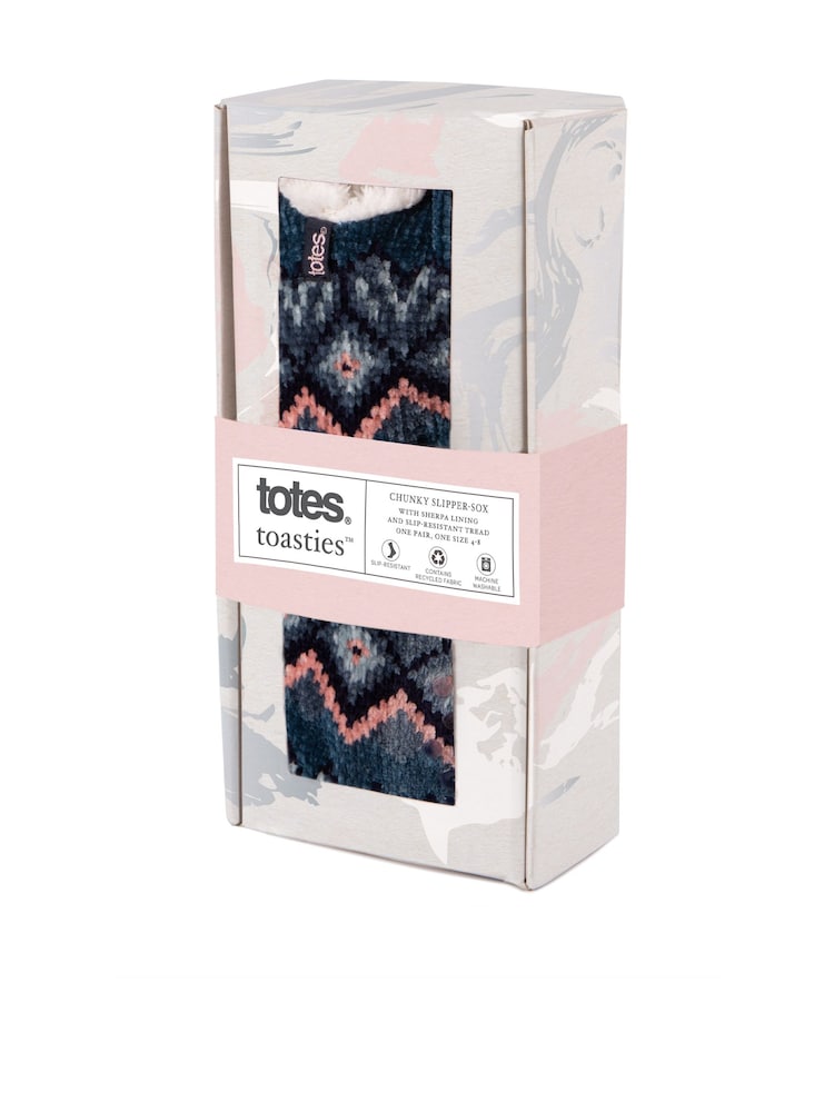 Totes Blue Ladies Crop Chenille Knitted Winter Slipper Socks - Image 4 of 5