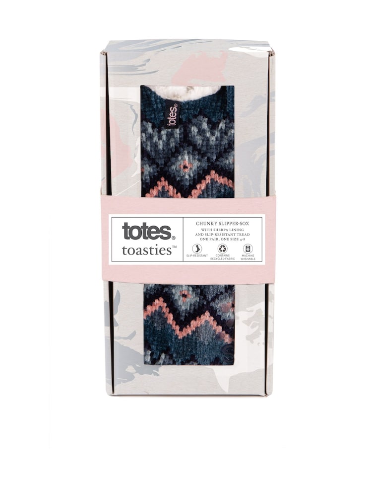Totes Blue Ladies Crop Chenille Knitted Winter Slipper Socks - Image 5 of 5