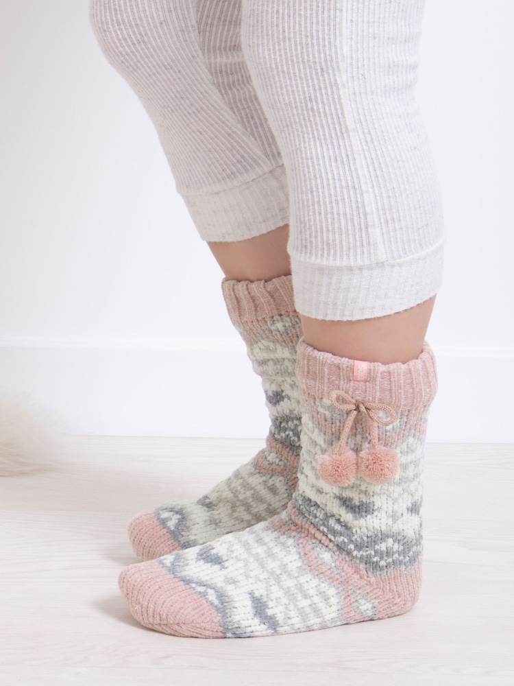 Totes Ladies Fairisle Pattern Chenille Winter Slipper Socks - Imagen 1 de 5