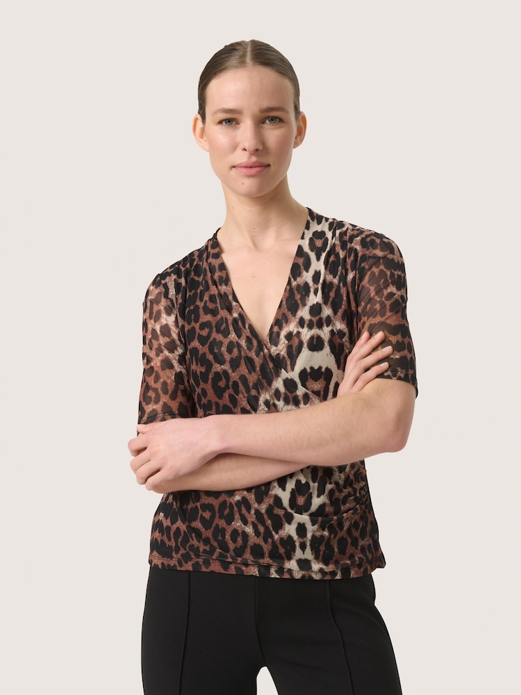 Soaked in Luxury SL Aldora Mesh V-Neck Wrap Brown Blouse - Image 1 of 6