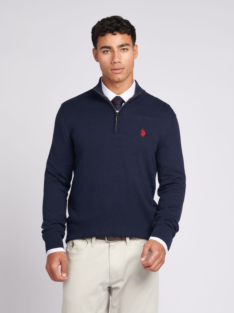 U.S. Polo Assn. Navy Mens Regular Fit Funnel Neck Quarter Zip Jumper - Image 1 of 7