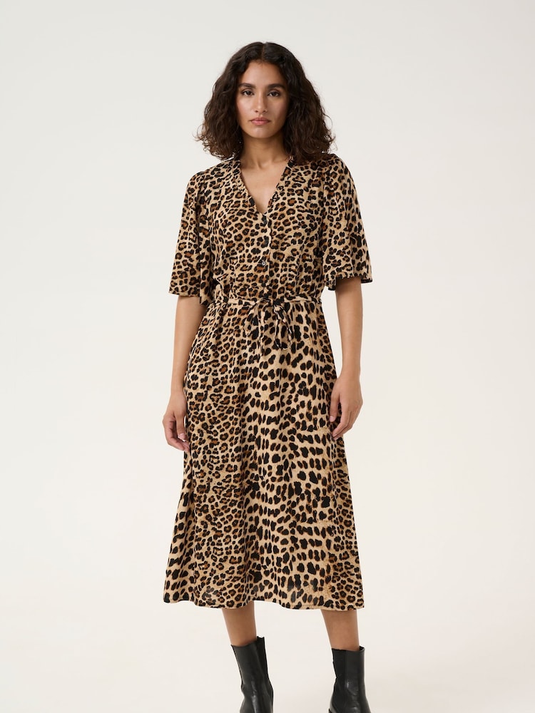 Kaffe KAarina Leopard Print V-Neck Short Sleeve Shirt Dress - Image 1 of 6