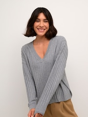 Kaffe Loose Fit KAlola V-Neck Striped Pullover Jumper - Image 1 of 5