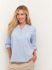 Kaffe Regular Fit Blue Majse Cotton/Linen Mix Notch Neck Blouse - Image 1 of 5