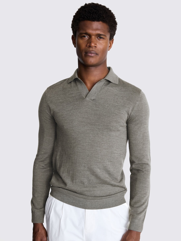 MOSS Grey Merino Blend Long Sleeve Skipper Knit Polo Shirt - Image 1 of 5
