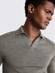 MOSS Grey Merino Blend Long Sleeve Skipper Knit Polo Shirt - Image 3 of 5