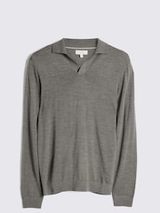 MOSS Grey Merino Blend Long Sleeve Skipper Knit Polo Shirt - Image 4 of 5