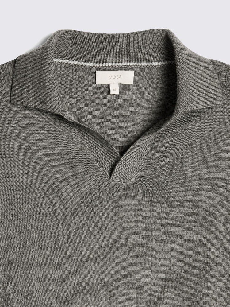 MOSS Grey Merino Blend Long Sleeve Skipper Knit Polo Shirt - Image 5 of 5 MOSS Grey Merino Blend Long Sleeve Skipper Knit Polo Shirt - Image 5 of 5