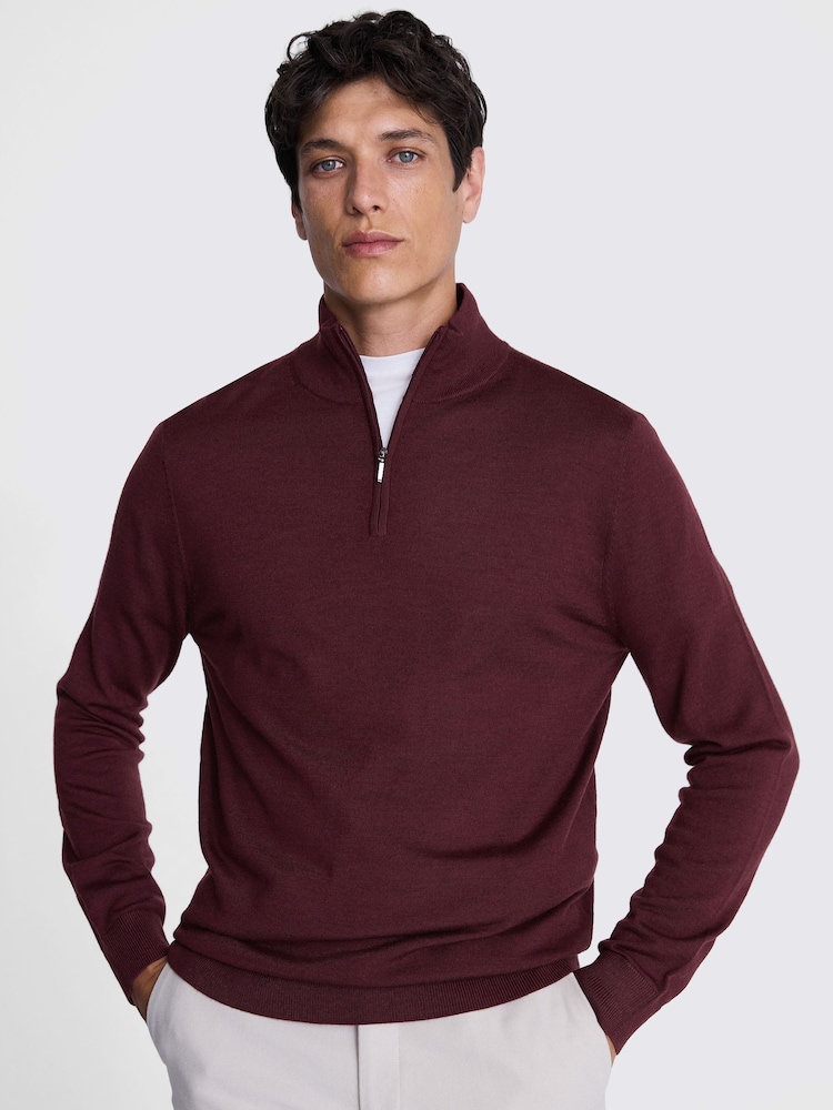 MOSS Burgundy Merino Blend Quarter Zip Jumper - Image 1 of 5