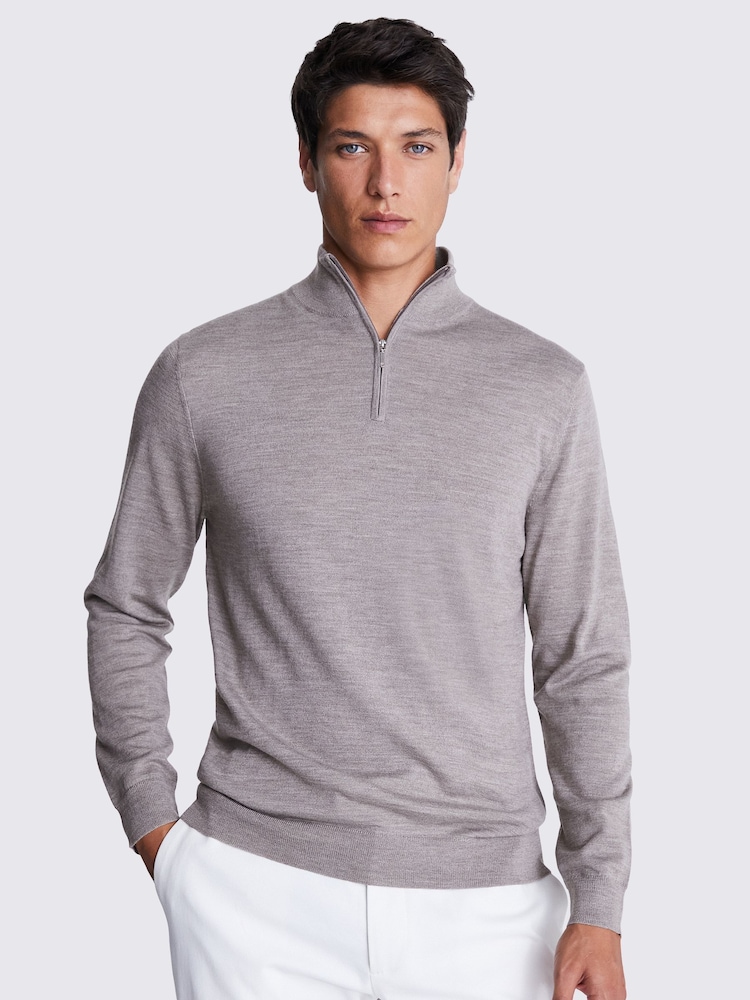 MOSS Taupe Merino Blend Quarter Zip Jumper - Image 1 of 5