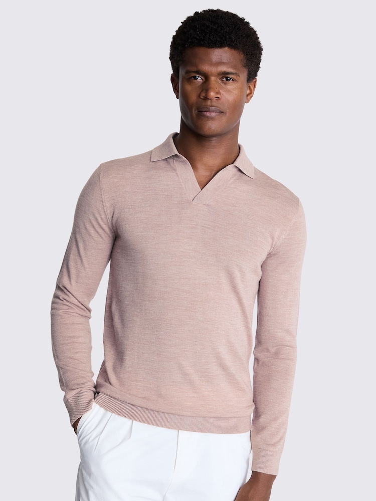 MOSS Pink Merino Blend Long Sleeve Skipper Knit Polo Shirt - Image 1 of 5 MOSS Pink Merino Blend Long Sleeve Skipper Knit Polo Shirt - Image 1 of 5