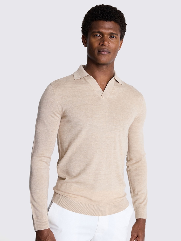 MOSS Brown Merino Blend Long Sleeve Skipper Knit Polo Shirt - Image 1 of 3