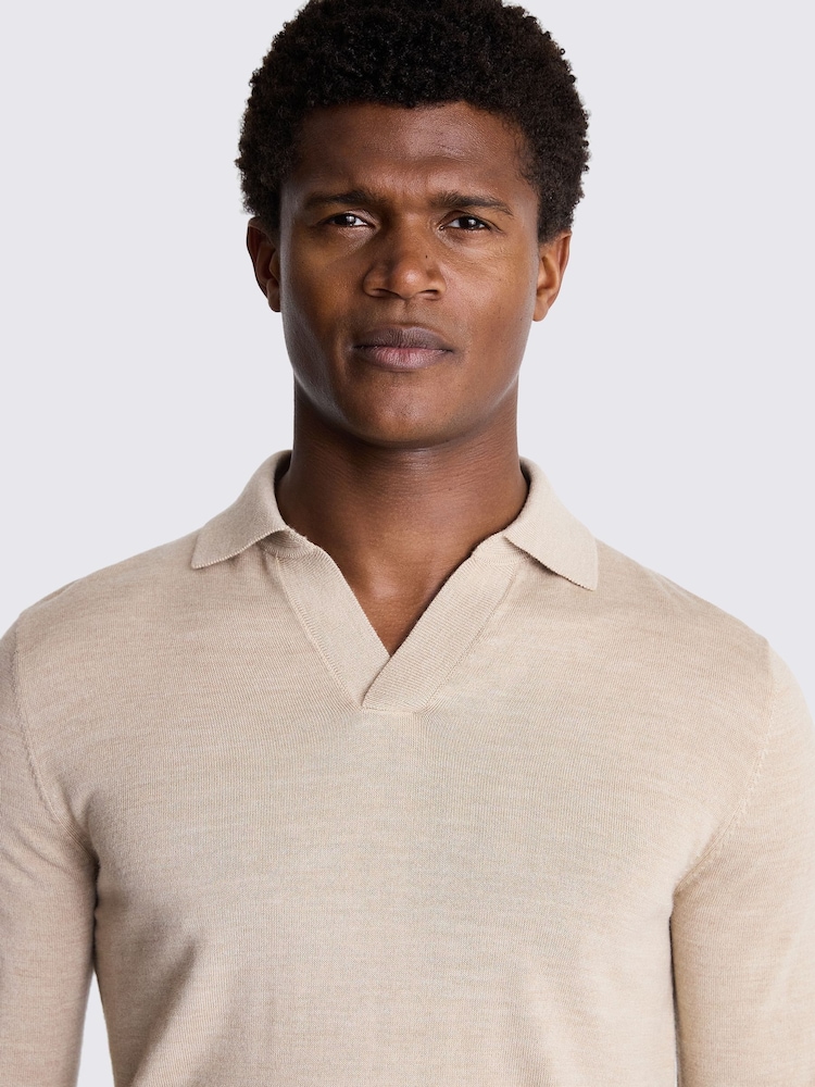 MOSS Brown Merino Blend Long Sleeve Skipper Knit Polo Shirt - Image 3 of 3 MOSS Brown Merino Blend Long Sleeve Skipper Knit Polo Shirt - Image 3 of 3