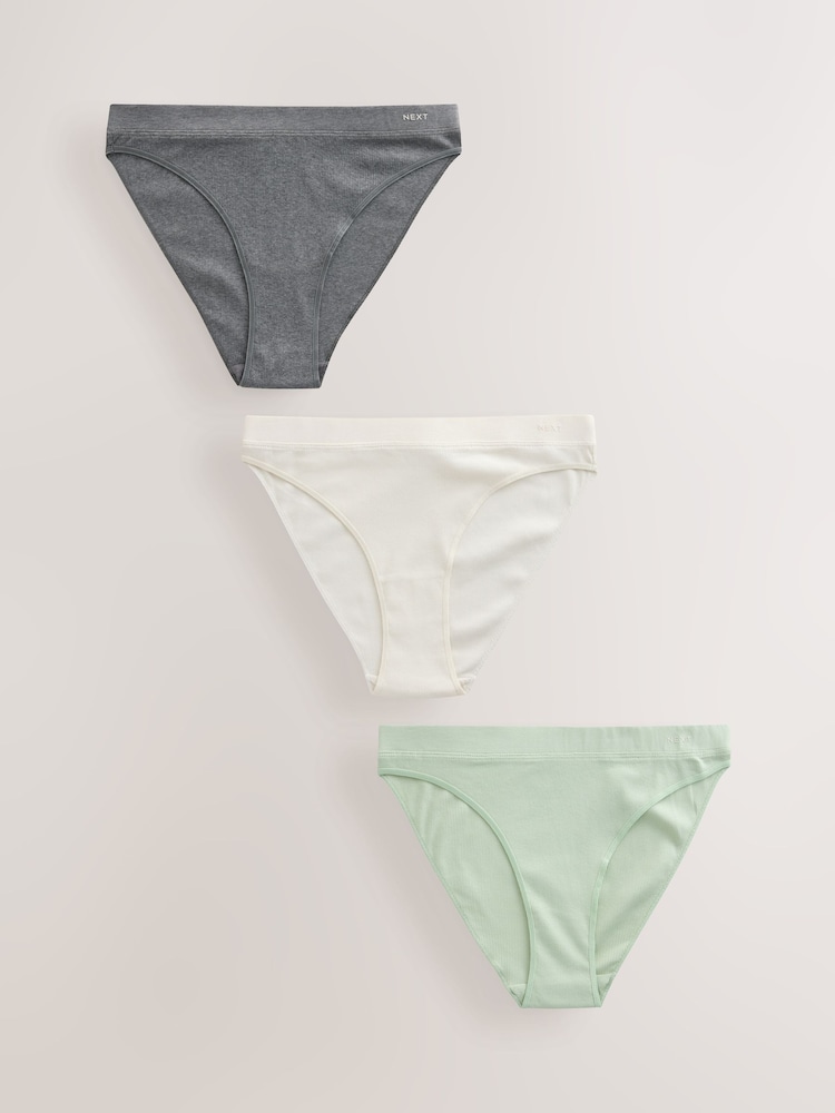 Green/Grey High Rise High Leg Cotton Rib Knickers 3 Pack - Image 7 of 10