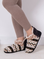 Totes Black Ladies Fairisle Knit Short Boot Slippers - Image 1 of 5