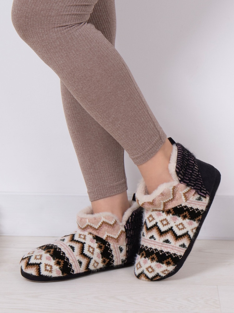 Totes Black Ladies Fairisle Knit Short Boot Slippers - Image 1 of 5