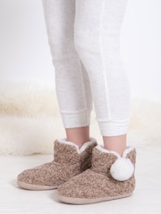 Totes Brown Ladies Cable Knit Boot Slippers with Pom Pom - Image 1 of 5