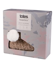 Totes Brown Ladies Cable Knit Boot Slippers with Pom Pom - Image 2 of 5