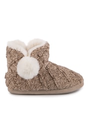 Totes Brown Ladies Cable Knit Boot Slippers with Pom Pom - Image 3 of 5