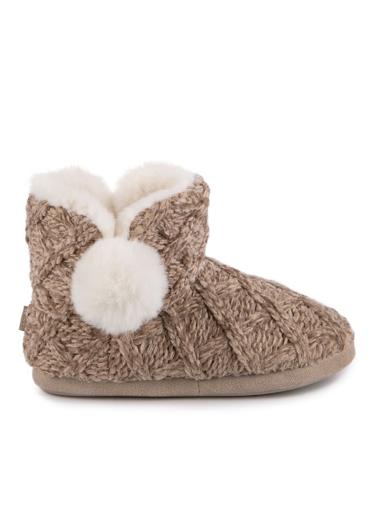 Totes Brown Ladies Cable Knit Boot Slippers with Pom Pom - Image 3 of 5