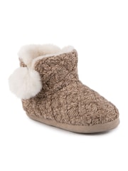Totes Brown Ladies Cable Knit Boot Slippers with Pom Pom - Image 4 of 5