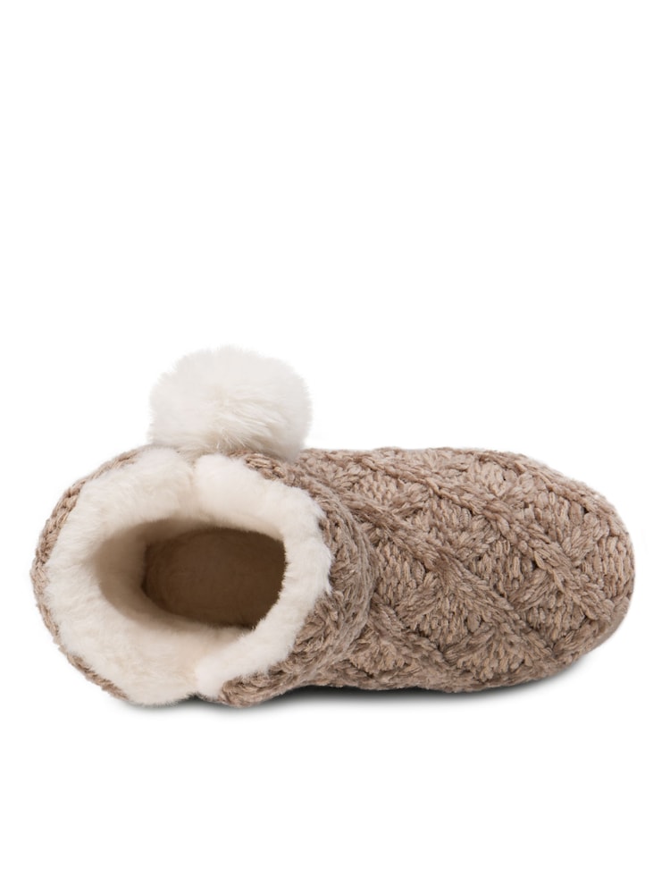 Totes Brown Ladies Cable Knit Boot Slippers with Pom Pom - Image 5 of 5