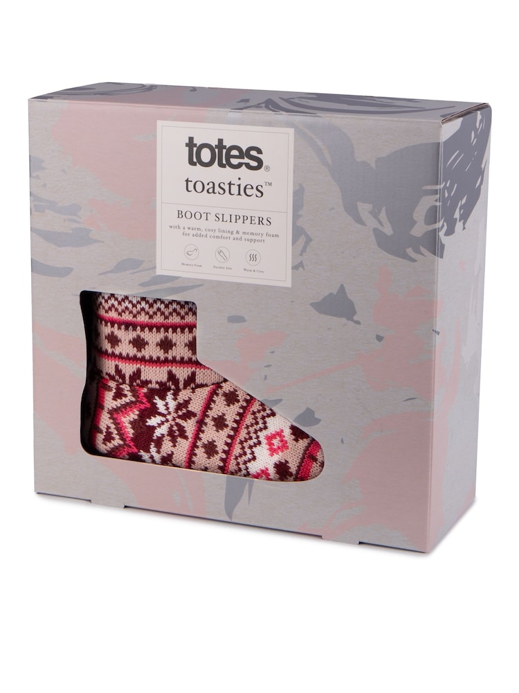 Totes Pink Ladies Fairisle Knit Boot Slippers - Image 2 of 5