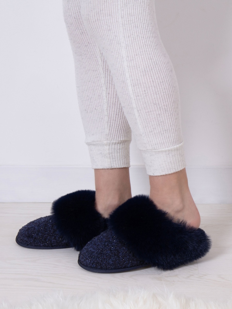 Totes Ladies Sparkle Faux Fur Mule Slippers - Image 1 of 5