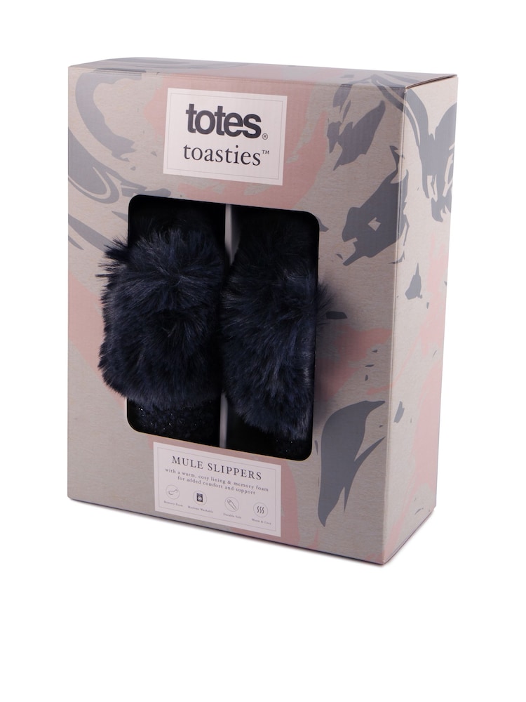 Totes Ladies Sparkle Faux Fur Mule Slippers - Image 2 of 5