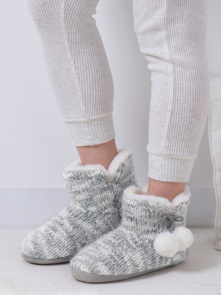 Totes Grey Ladies Knitted Boot Slippers with Pom Pom - Image 1 of 8